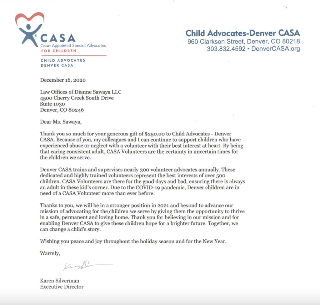Thank You Letter to Dianne Sawaya from Denver CASA